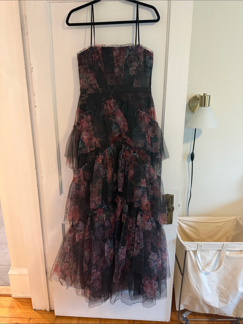 Floral Tiered Tulle Evening Gown in Black and Dusty Rose Floral - Picture 1 of 4